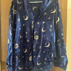 Navy Satin Celestial Print Button-Up Shirt